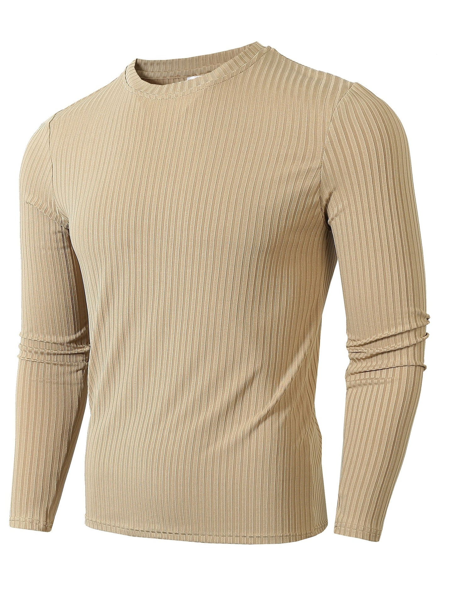 Ribbed Men's Casual Stretch Breathable Lightweight Long Sleeve Round Neck T-shirt For Spring Fall, Running Training