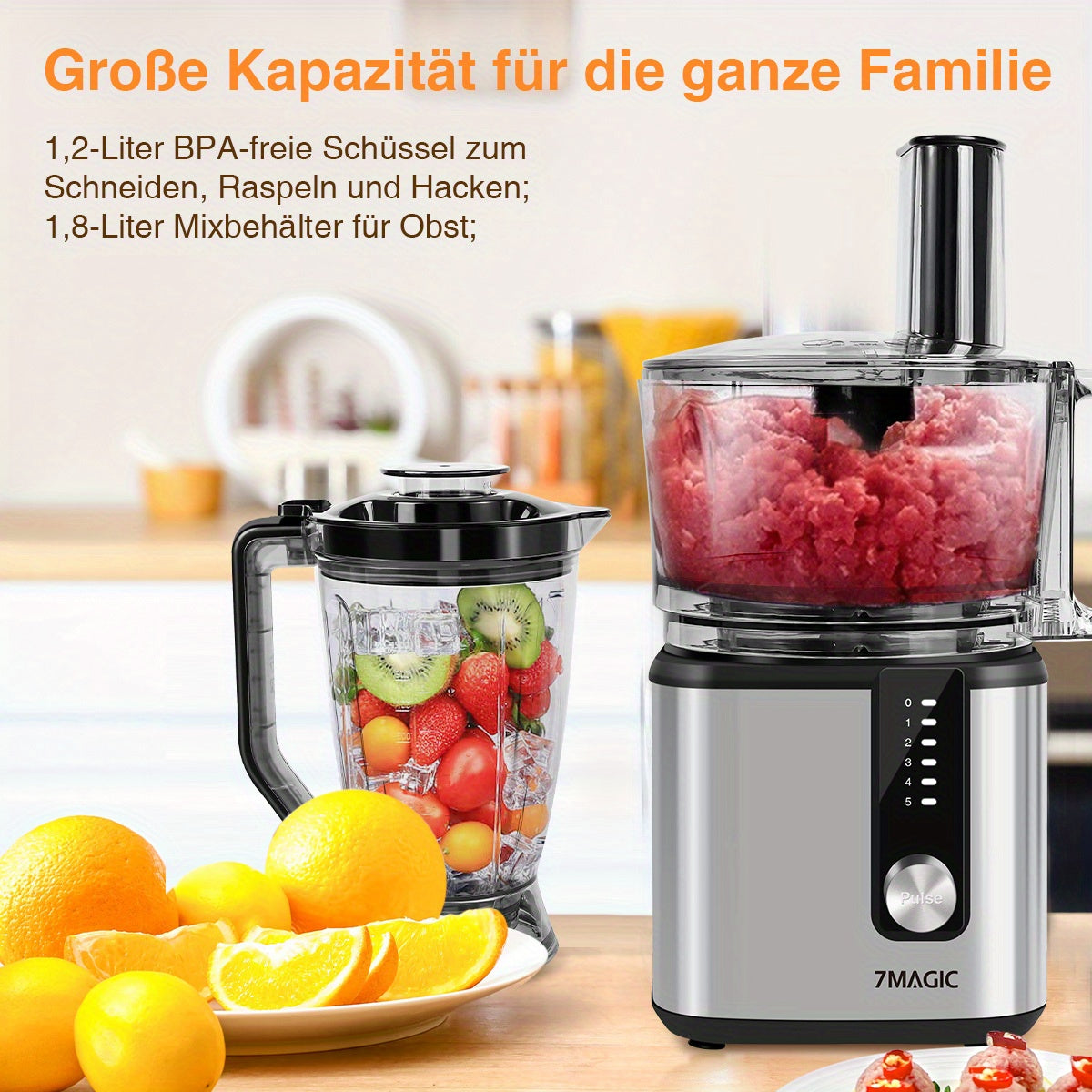 11 in 1 Food Processor Stainless Steel StandMixer 750W Dough Machine 1.8L+1.2L Mixer 5 Levels Mixer, With Chopping Blending Kneading Grinding Whisking Juicing