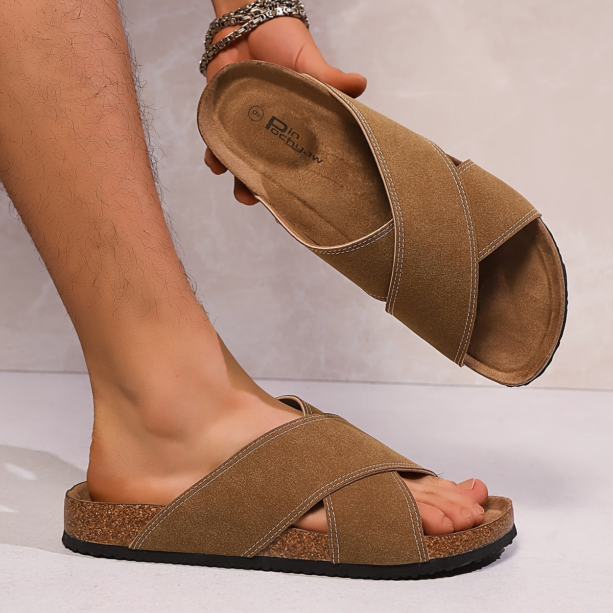 PINPOCHYAW Men's Slip-On Moccasin - X- Strap Brown/Black Casual Slippers with Faux Upper, Sole & Cushioned Insole - Lightweight Beige & Dark Brown for Beach, Pool, Summer Walking