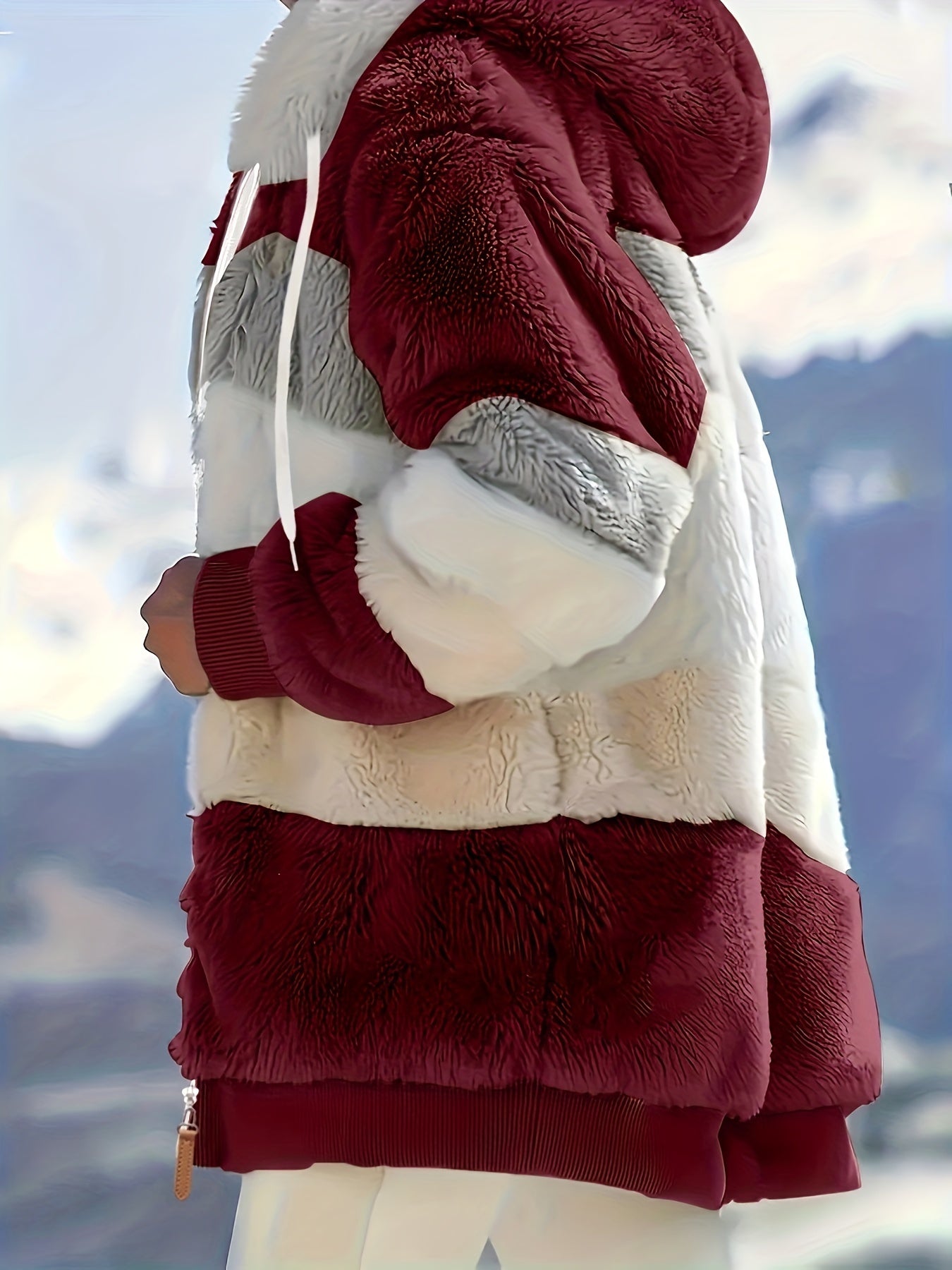 Women's Plush Faux Fur Hooded Jacket - Loose Fit Color Block Coat with Blue/Beige/White/Black Design, Long Sleeve Winter Warmth, Machine Washable for Casual & Formal Outfits, Ladies Winter Coats, Autumn Layering Piece, Formal