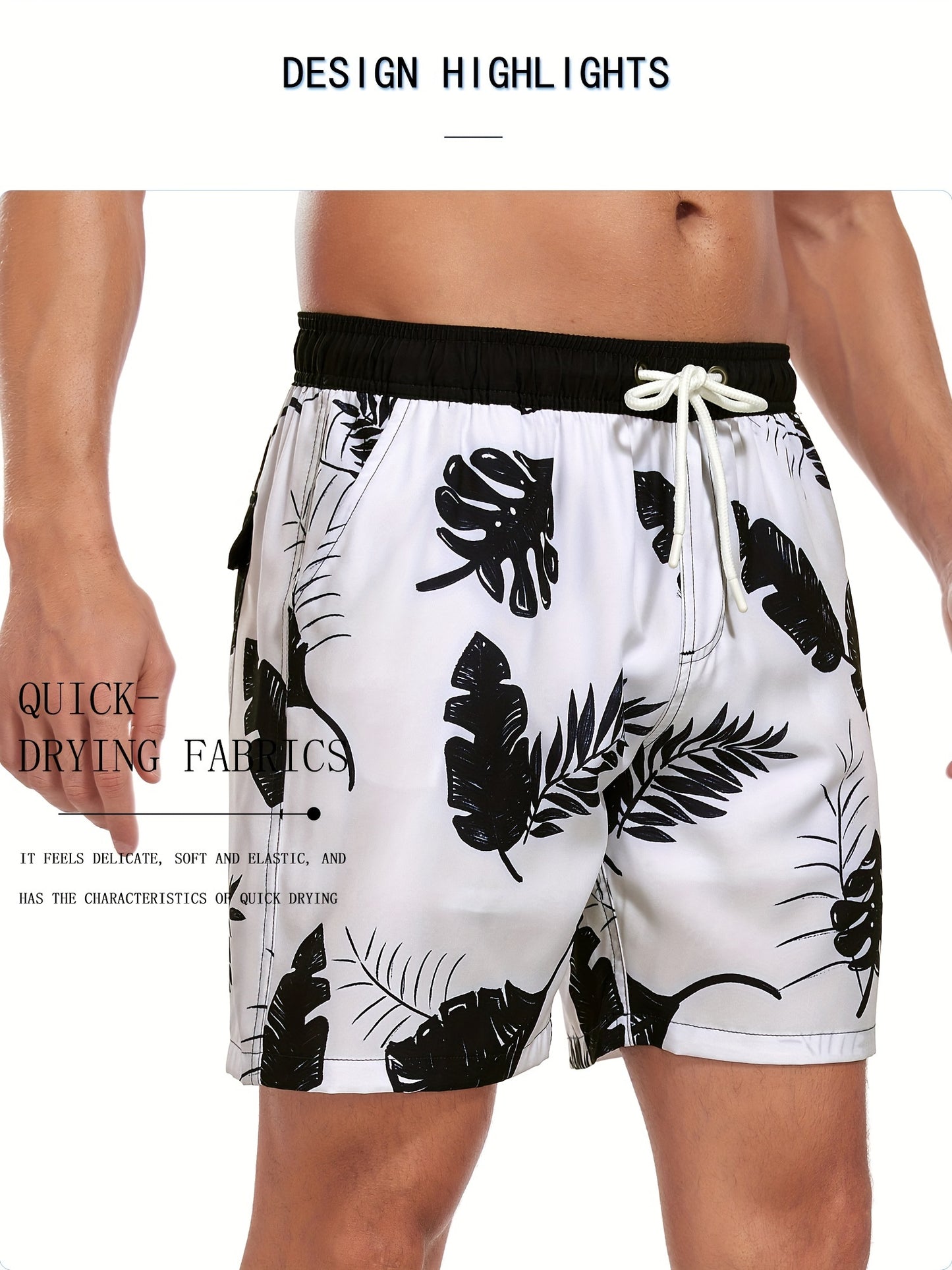 Men's Quick-Dry Beach Shorts with Tropical Palm Tree & Palm Leaf Print - Breathable Stretch Fabric for Summer, Outdoor, Hiking, Swimming - Machine Washable Casual Athletic Shorts, Outdoor Activewear, Summer Shorts