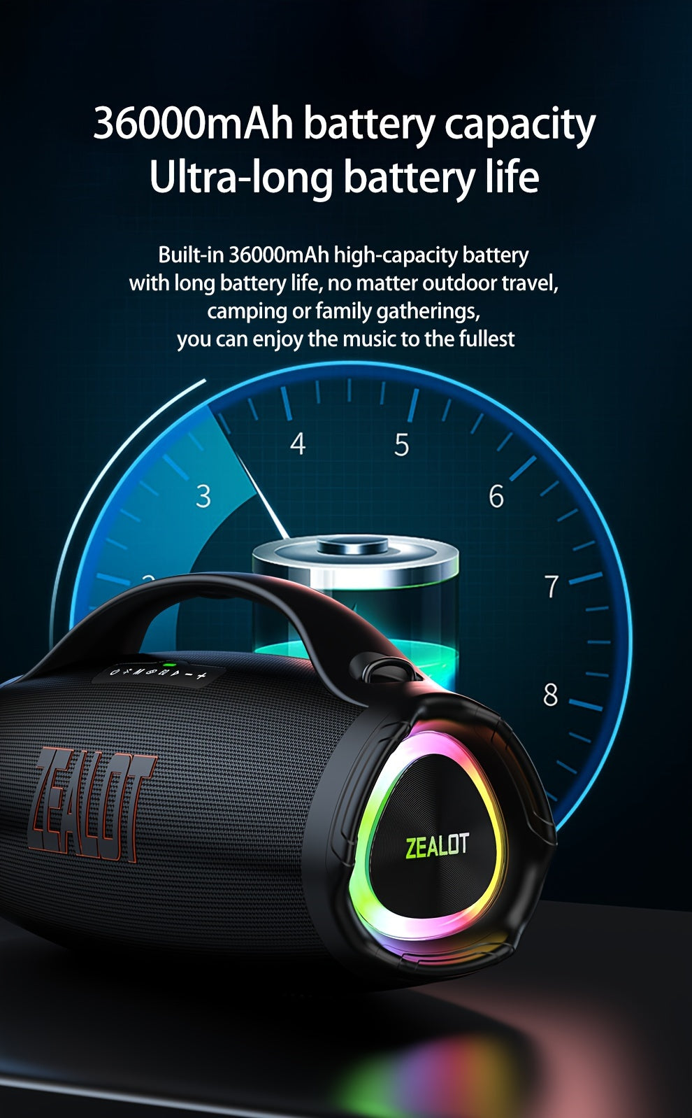 Zealot S98 Portable Wireless Speaker - 160W High-Power, 60H Playtime, IPX5, Fast Charging, Dual Pairing, Shocking Subwoofer, 36000mAh Battery, DSP Technology, Black with Red Accents