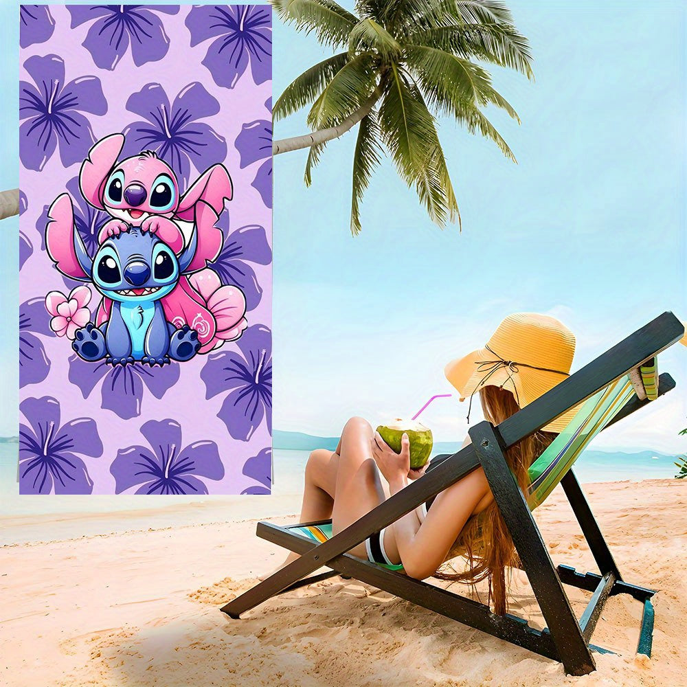 1pc Stitch Beach Towel - Soft Microfiber, Quick-Dry, Vibrant Purple & Pink Floral Design, Perfect for Yoga, Travel, Swimming, Fitness, Camping - Ideal St. Patrick'S Day Gift, Beach Accessories | Playful Design | Quick Dry Tow