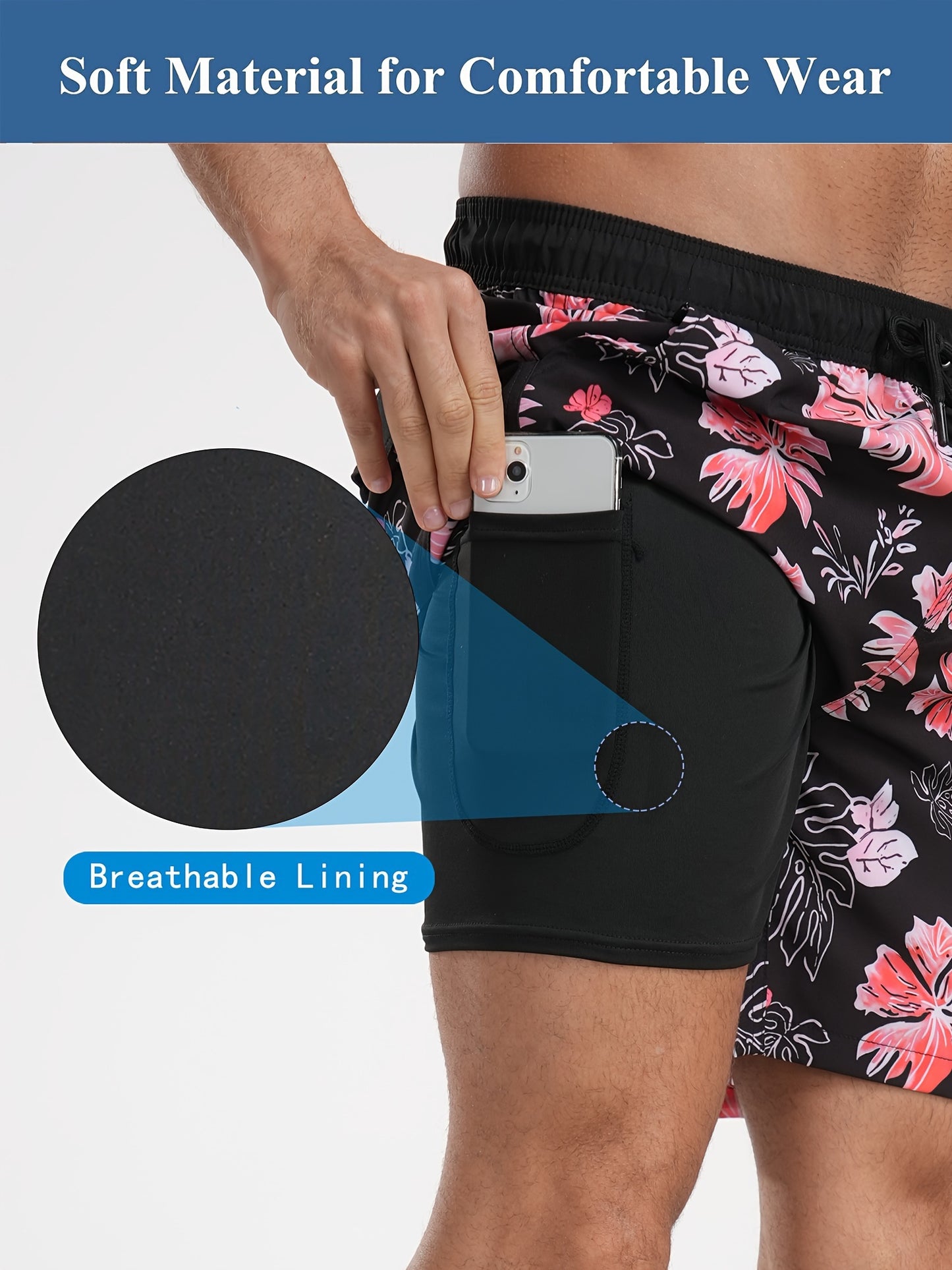 Men's Quick-Dry Beach Shorts with Tropical Palm Tree & Palm Leaf Print - Breathable Stretch Fabric for Summer, Outdoor, Hiking, Swimming - Machine Washable Casual Athletic Shorts, Outdoor Activewear, Summer Shorts