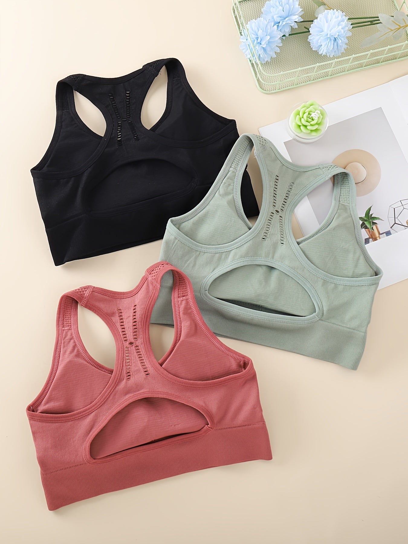 3pcs Solid Racer Back Sports Bra, Sporty Comfy Push Up Bra, Women's Lingerie & Underwear