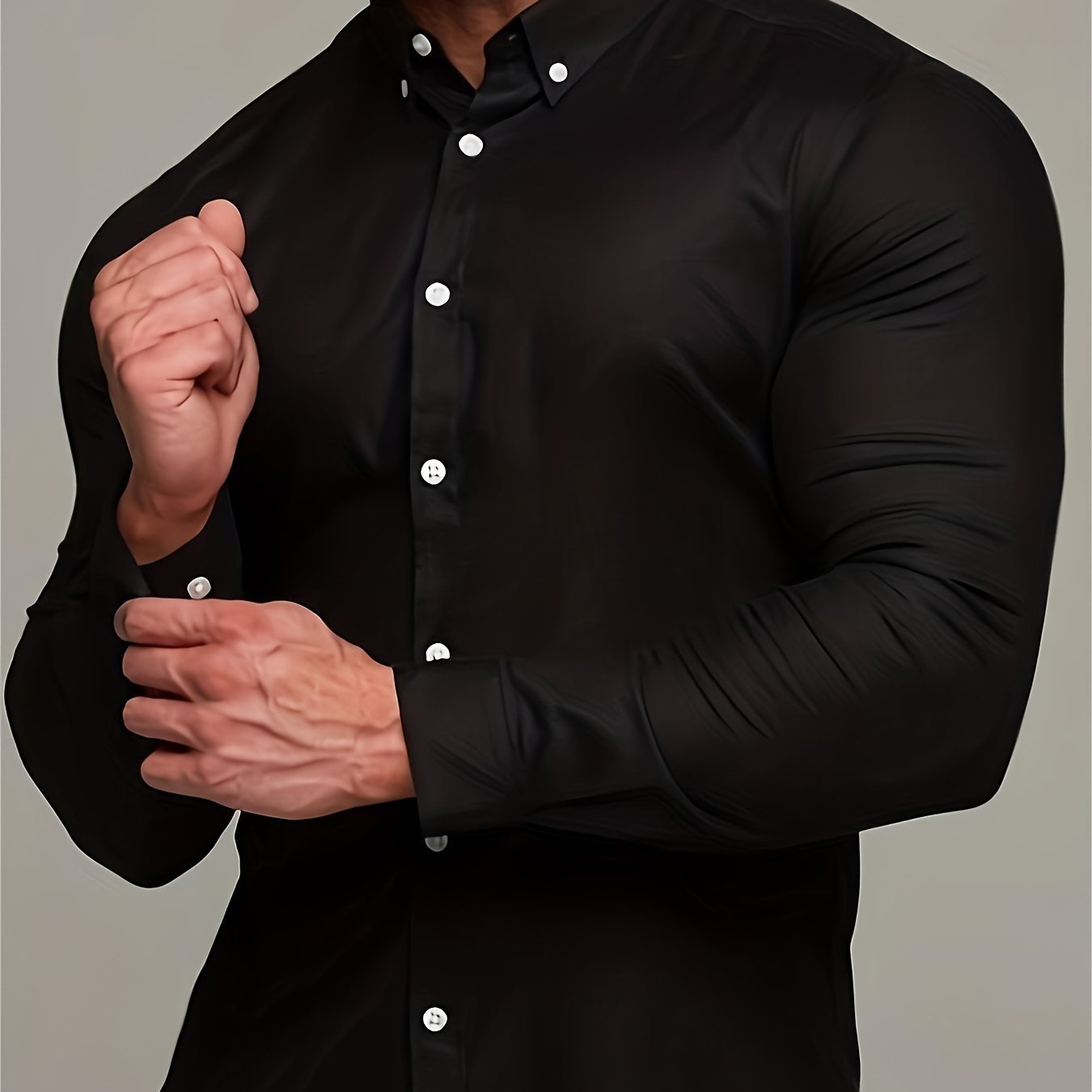 Solid Color Men's Slim Fit Stretch Quick-drying Long Sleeve Button Up Shirt, Spring Fall Workout Activity