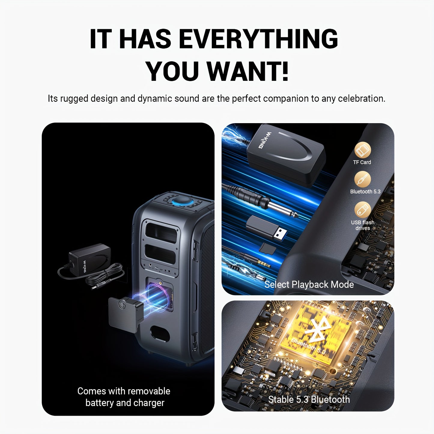 Powerful W-KING 200W peak wireless speaker with massive 120dB soundstage and DSP chip, 12-level bass adjustment, Big Party Boombox portable speaker with super deep bass, dynamic light show, 6.35mm microphone input, TF card sl