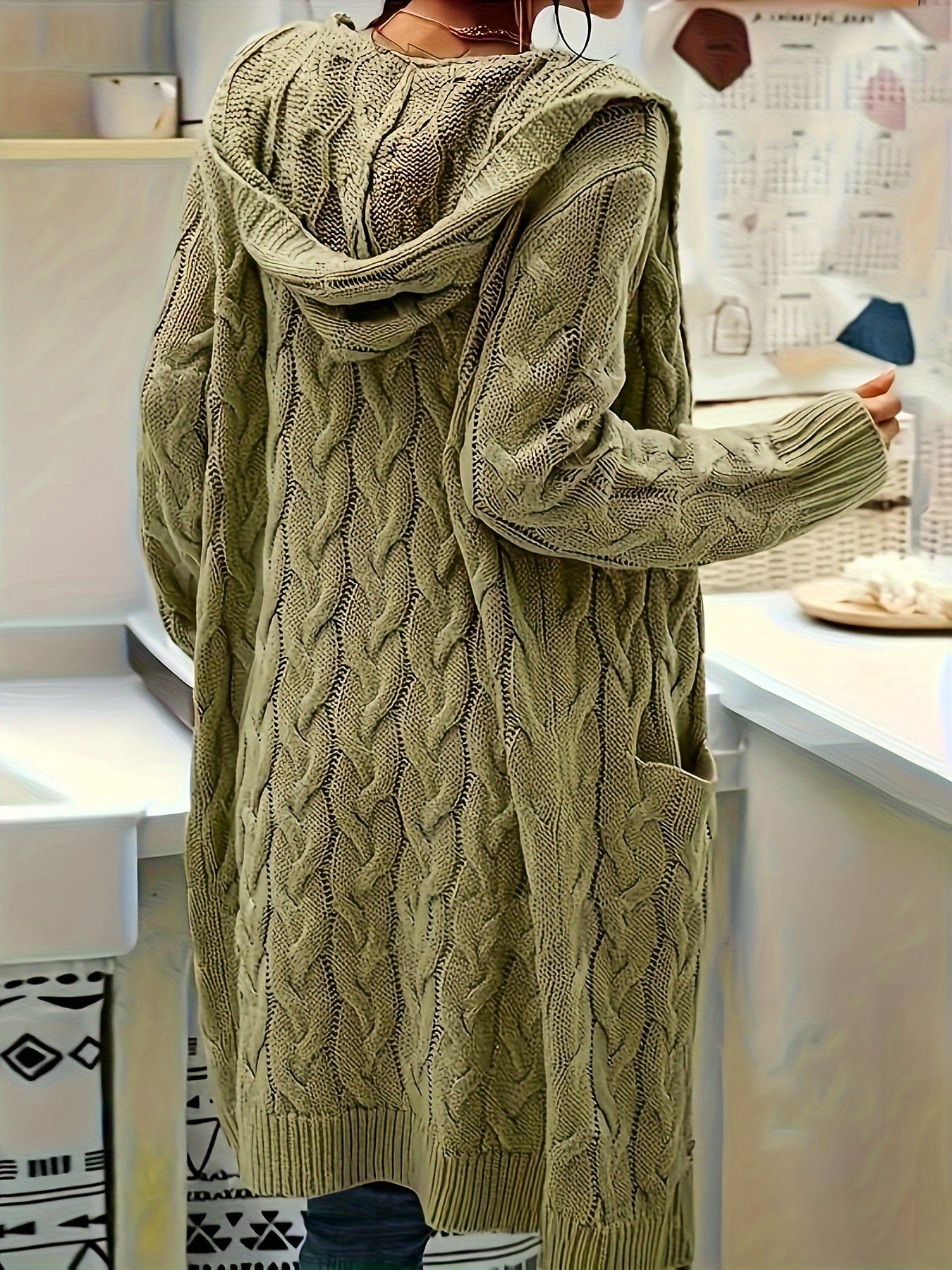 Women's Mid-Length Hooded Cardigan - Soft Stretchy Solid Color Long Sleeve Open Front Sweater with Pockets, Machine Washable Casual Elegance for Fall Winter, Everyday Comfort Wear, Stylish Hooded Design, Comfortable Fit