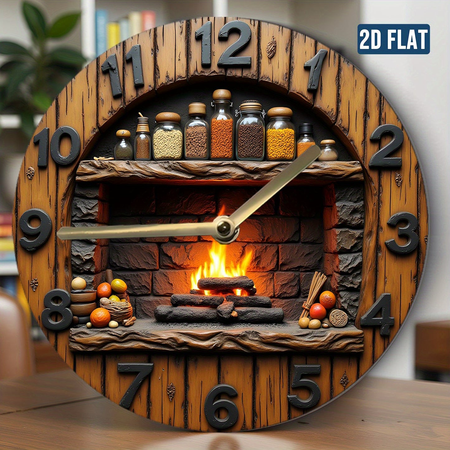 1 round acrylic wall clock - silent and tick-free, featuring a rustic fireplace design with a spice rack and flame effect, battery operated (excluding AA batteries) - home decoration, perfect for Christmas and Easter gifts, 2