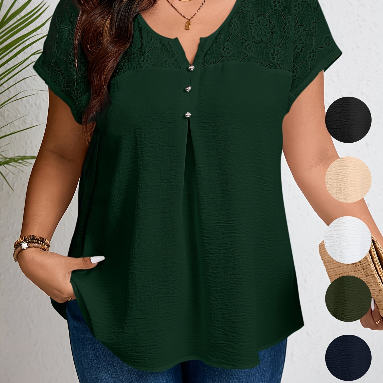 Women'S Plus Size Casual Top - Elegant Maroon Blouse with Contrast Lace Detail, Non-Stretch Fabric, Perfect for Spring/Summer/Fall, Plus Size Blouses