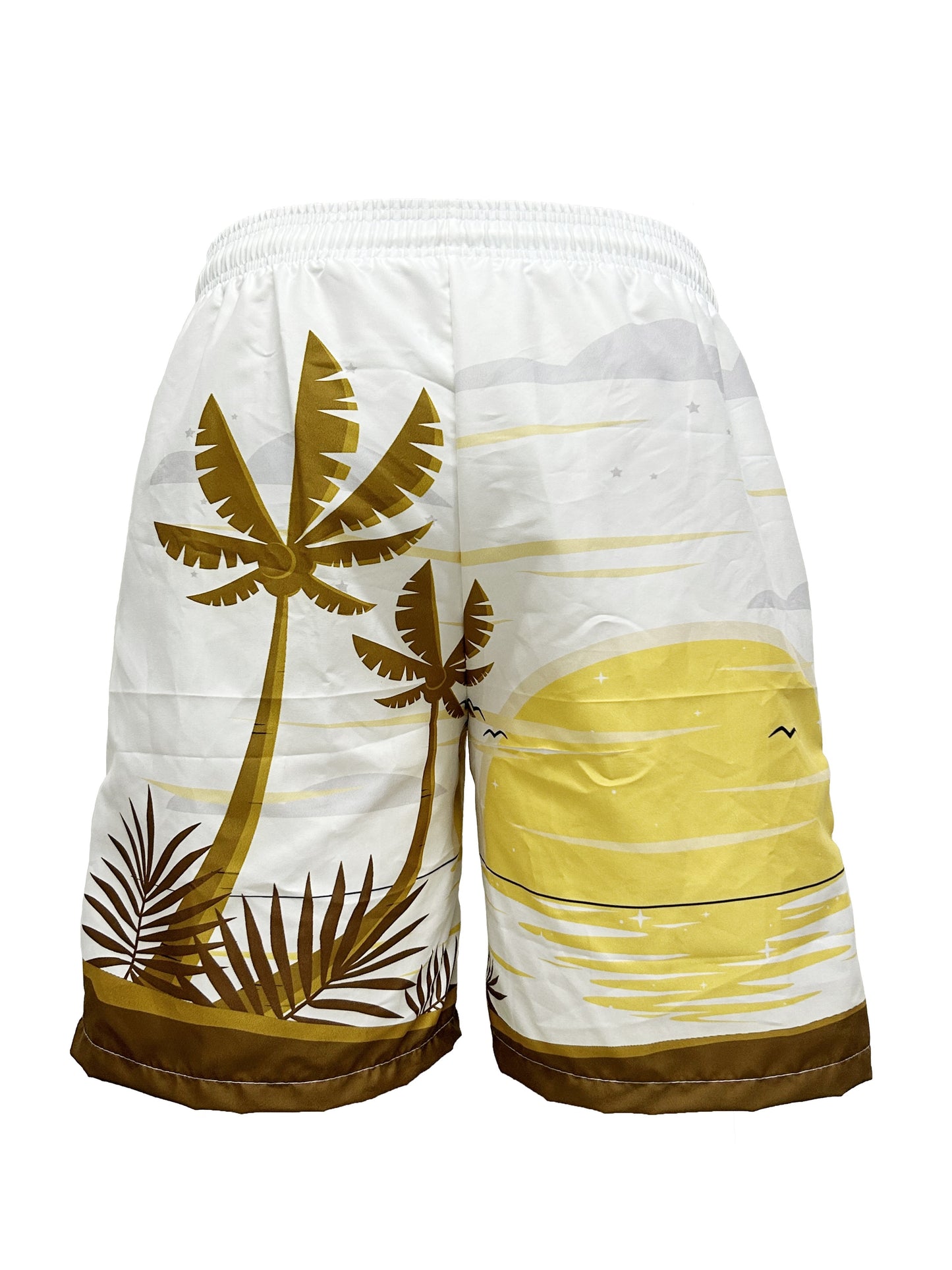 Quick Drying Comfortable Breathable Gradient Palm Tree At Dawn Seaside Drawstring Swim Trunks, Men's Board Shorts Swimwear For Summer Vacation Resort Beach Pool