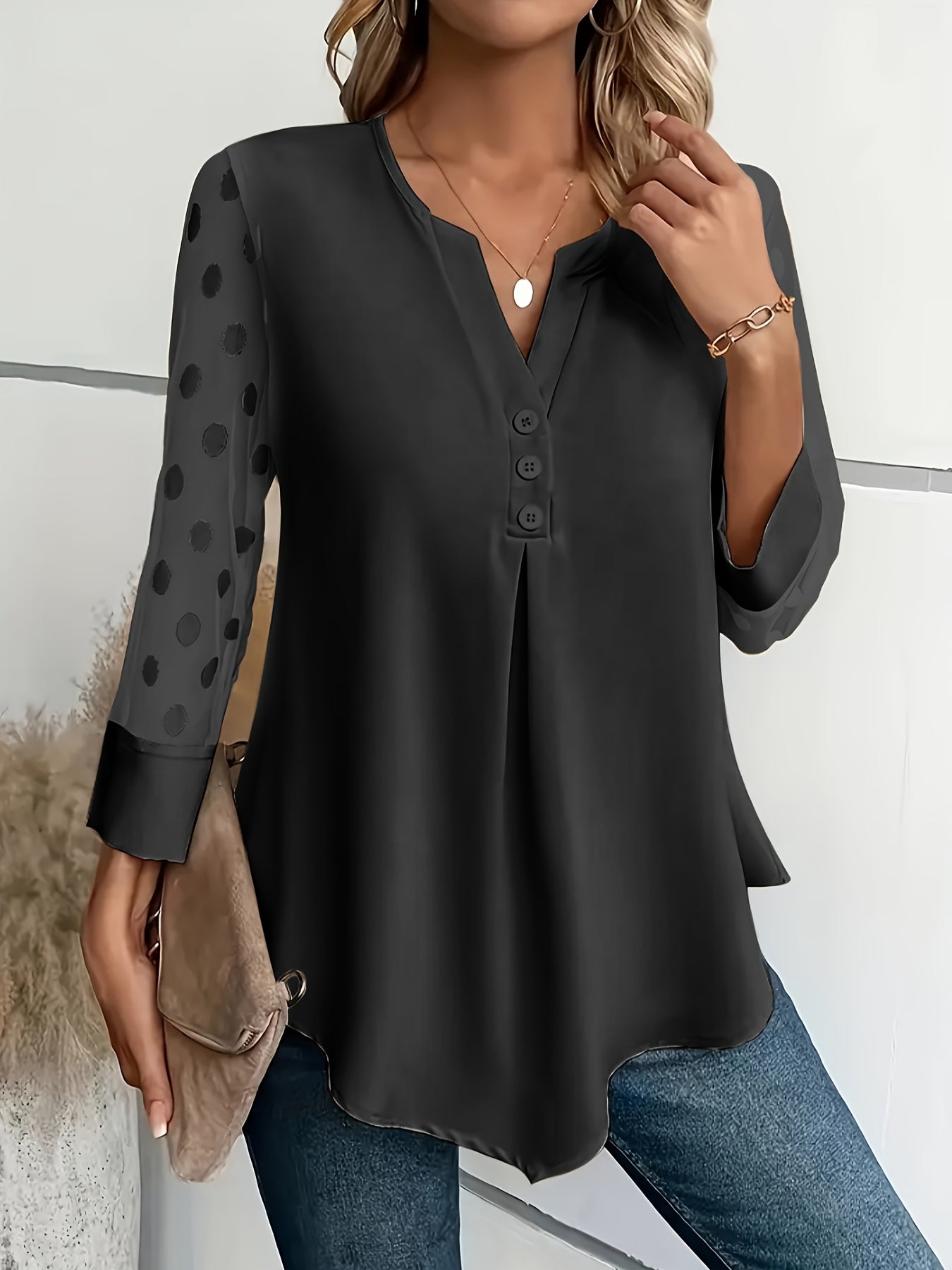 Solid Button Front Blouse, Elegant Long Sleeve Notched Neck Top, Women's Clothing
