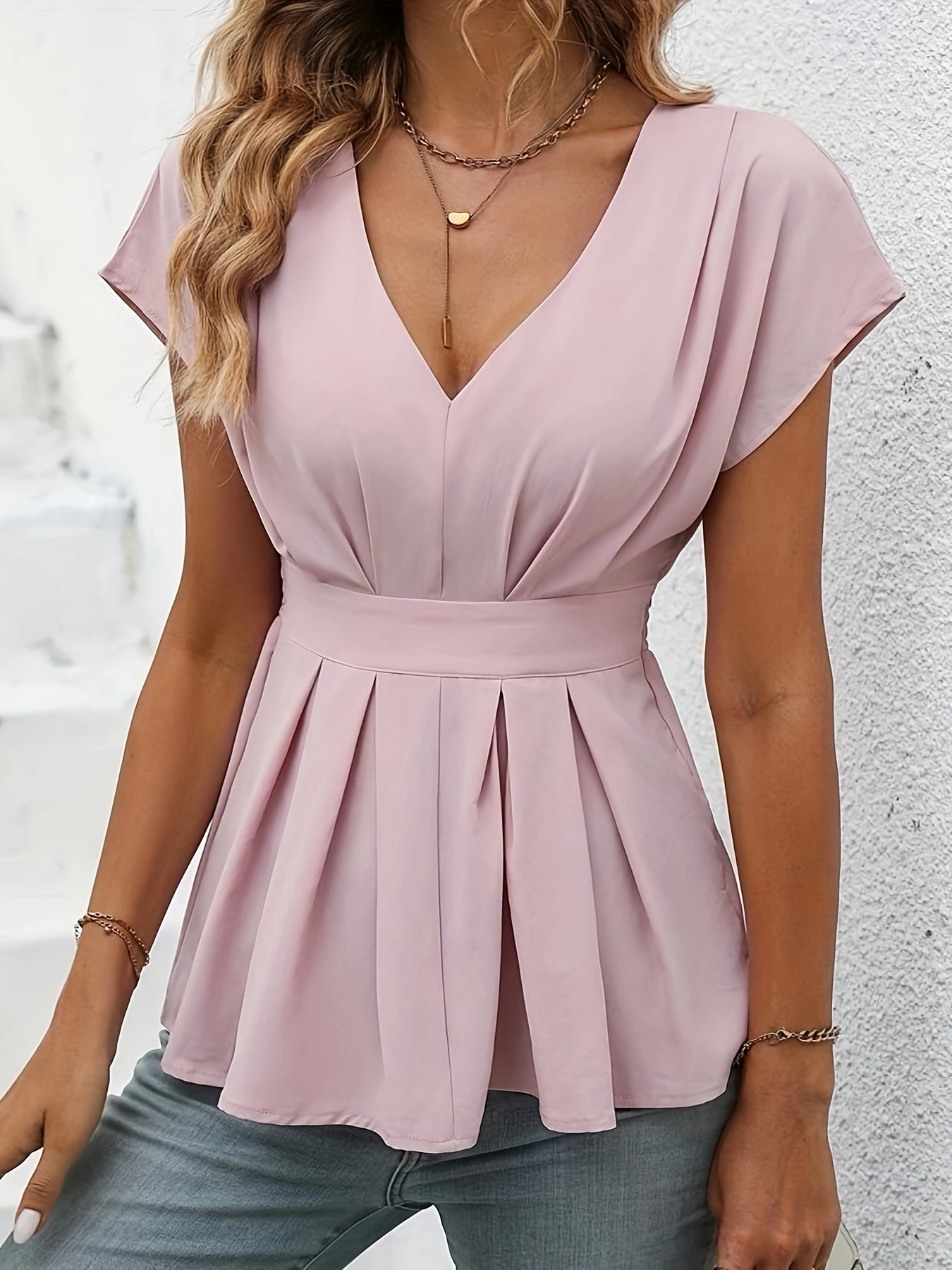 V-neck Ruffle Hem Solid Peplum Blouse, Elegant Cinched Waist Blouse For Spring & Summer, Women's Clothing