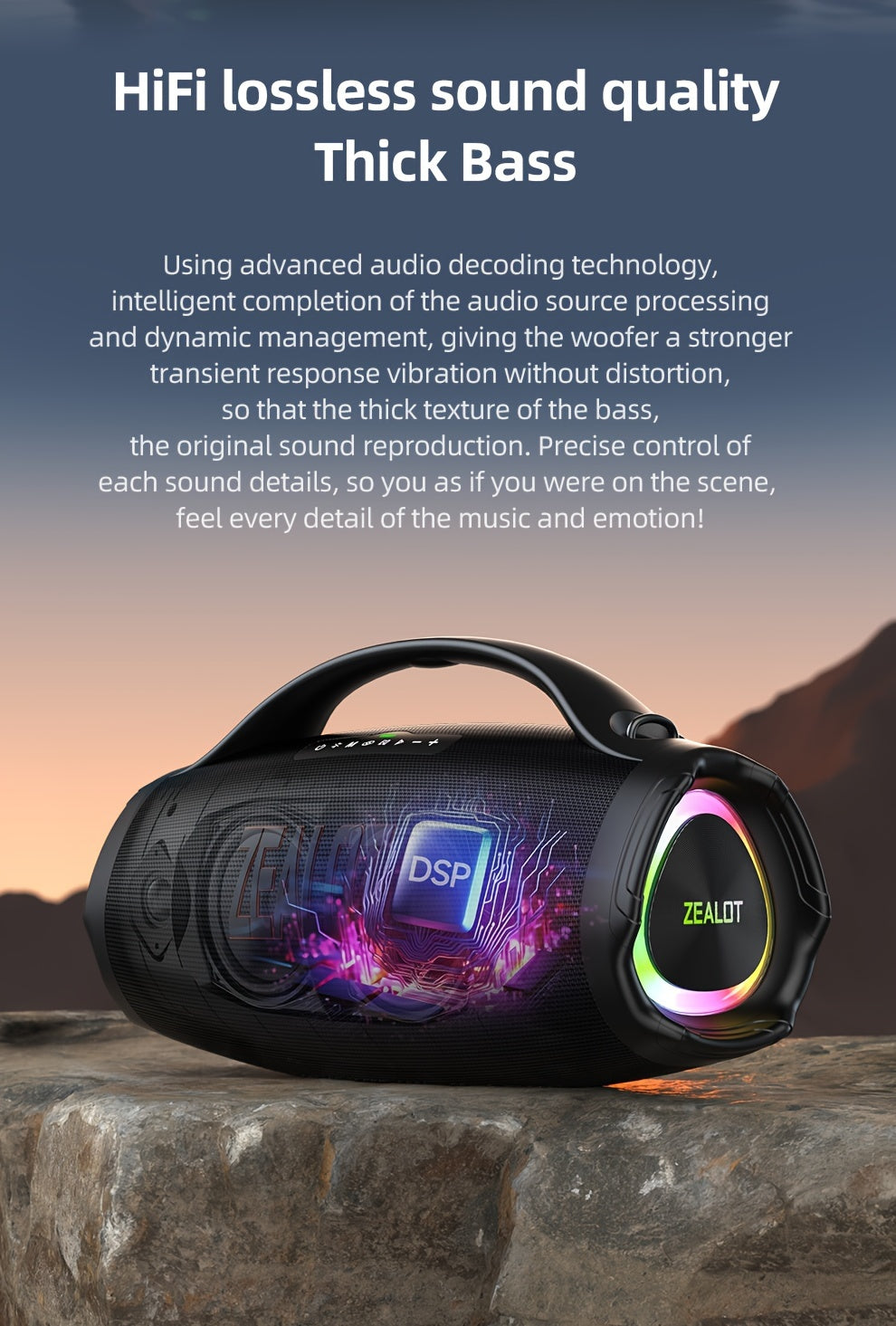 ZEALOT S98 160W Power Amplifier Wireless Speaker, Outdoor Portable, IPX5, with RGB Colorful Lights, 3 Different Sound Experiences with EQ Modes, Up to 8 Hours Playback, Supports Mobile Phones, Tablets, Computers, TV. SD, USB,