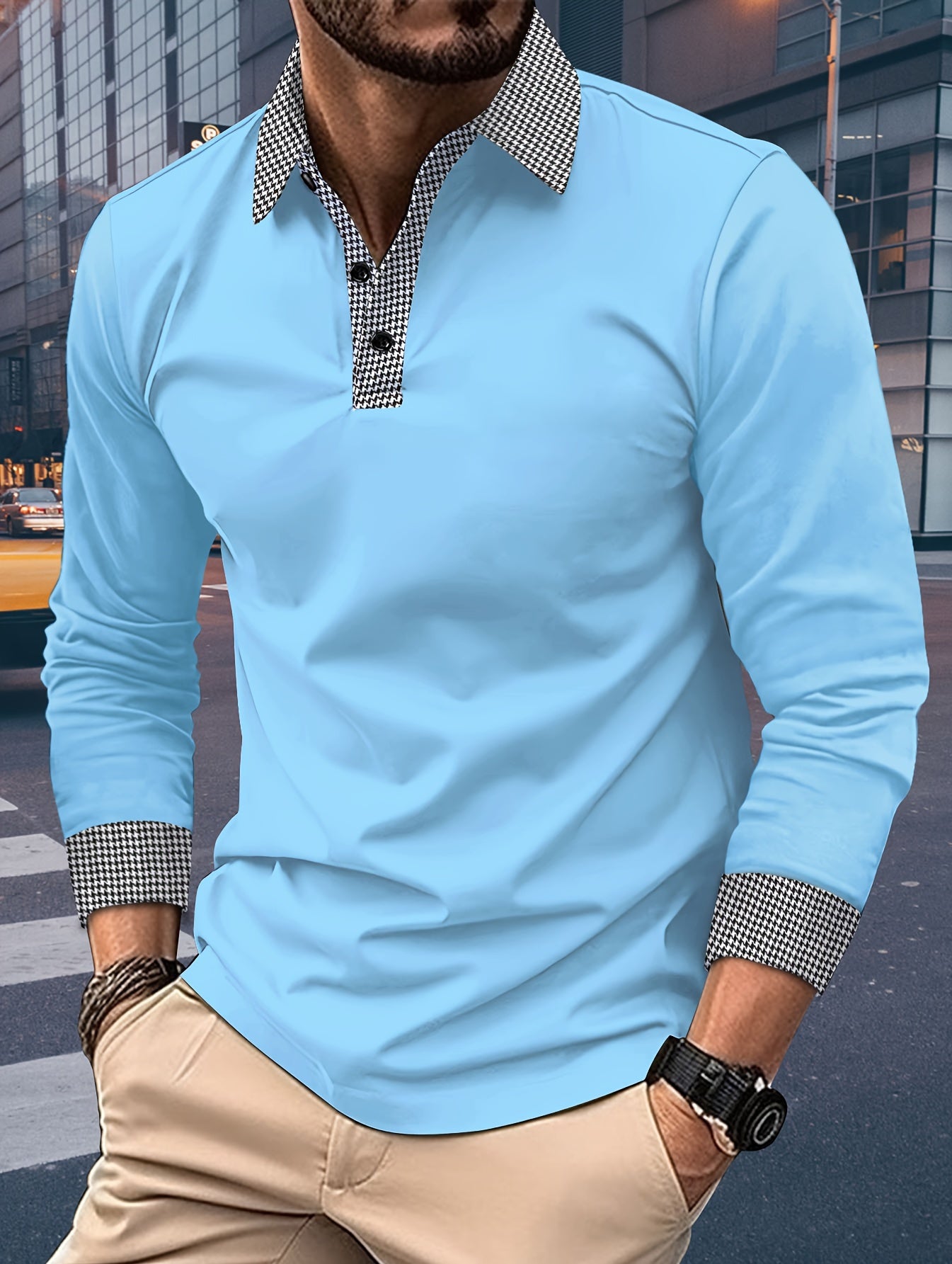 Men's Casual V-Neck Long Sleeve Rugby Shirt For Spring Autumn, Men's Clothing
