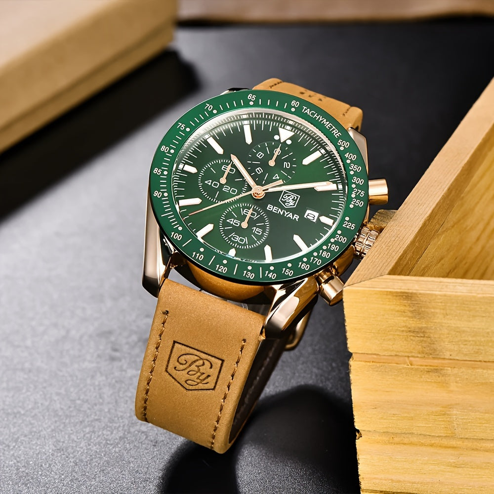 BY BENYAR Men'S Quartz Chronograph Watch - Luminous, Stainless Steel, Blue Dial with Date & Stopwatch, Faux Leather Strap, Elegant Business & Casual Style, Perfect Gift for Men, Professional Chronograph | Sleek Watch Design |