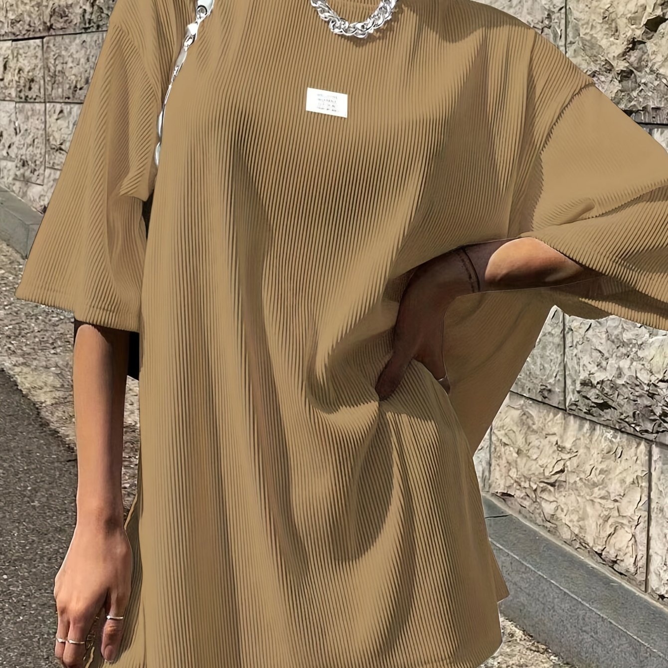 Oversized Drop Shoulder Ribbed T-Shirt, Casual Crew Neck Short Sleeve T-Shirt For Spring & Summer, Women's Clothing