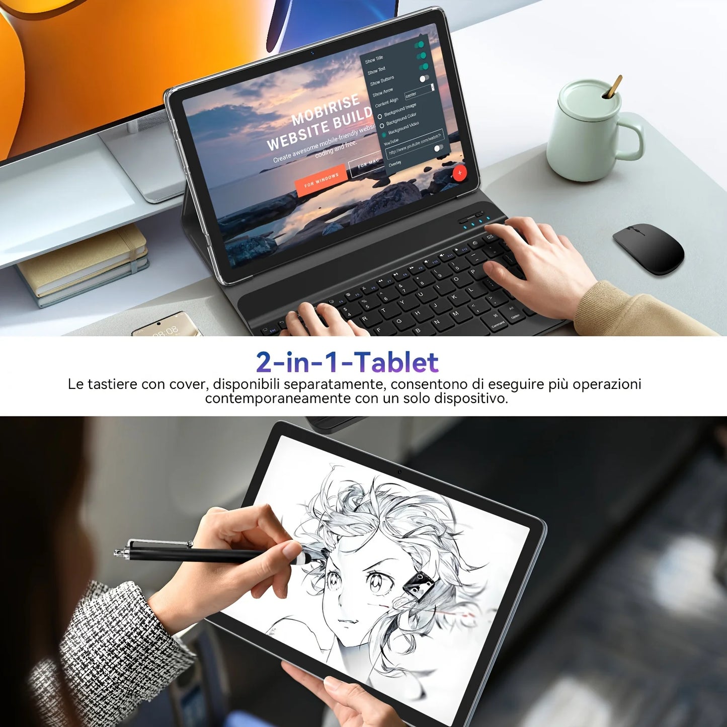 10.1 Inch Android Tablet 2 in 1 with Keyboard and Pen 12GB RAM 256GB ROM 4G 5G Call Octa Core Dual SIM for Education and Work