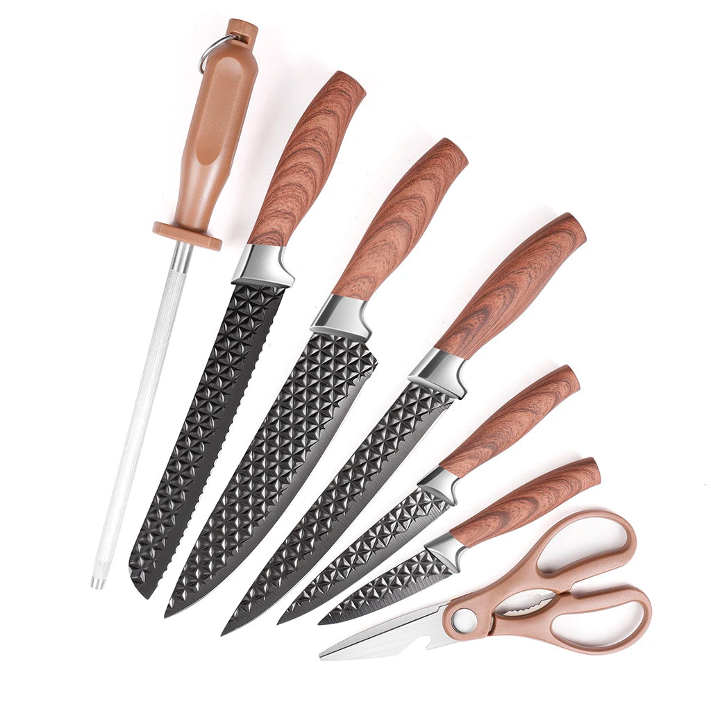Yangjiang 7-Piece Kitchen Knife Set Including Chef Santoku Nakiri and Fruit Slicer Plastic Knife Holder Slicing Cleaver Knives