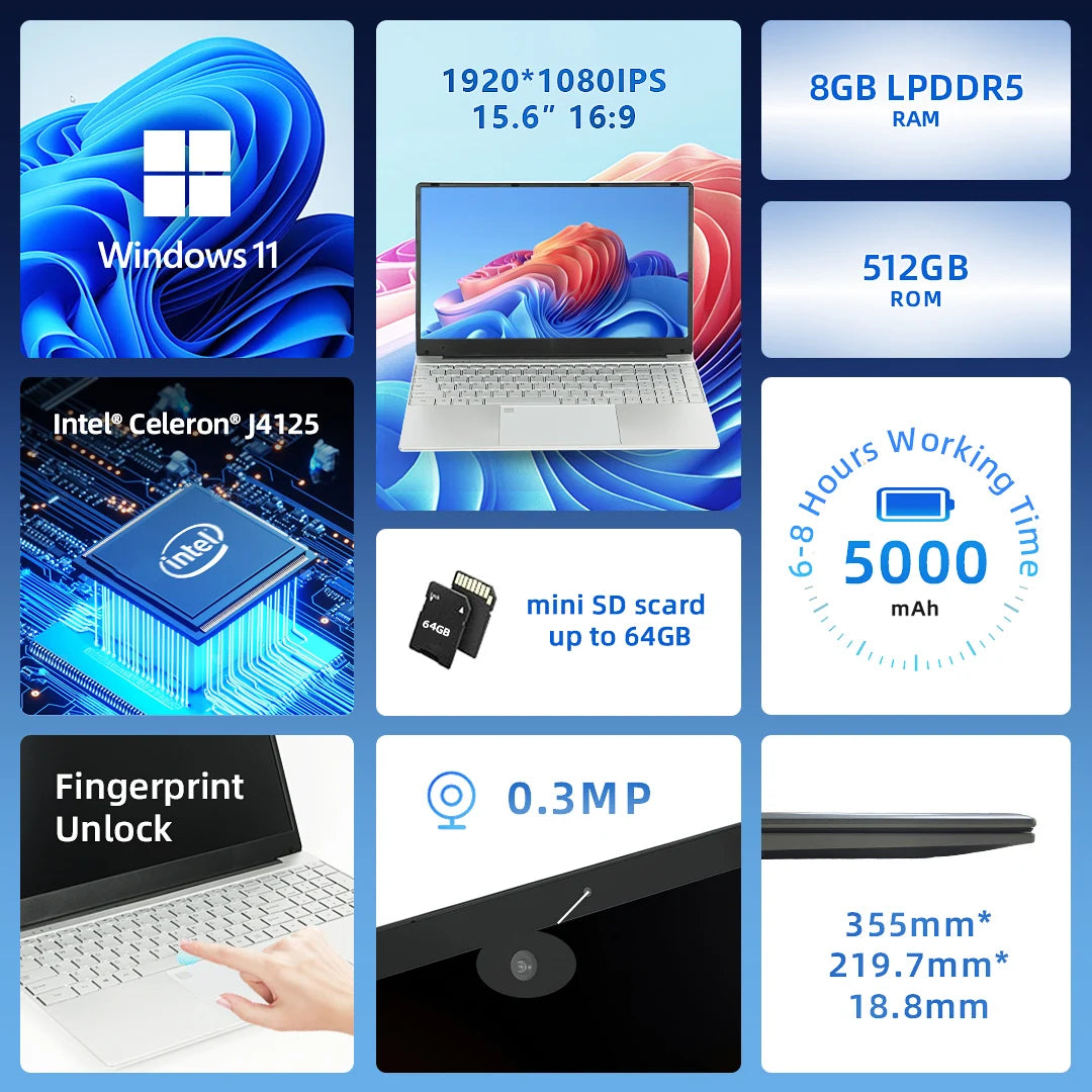 15.6 Inch 16GB DDR4  Budget New Student Commercial Laptops