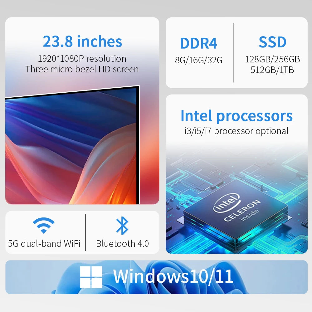 Toobook Economical Best All-In-One 24 Intel I3 I5 I7 Core Dual-Cores Gaming PC with 16GB DDR4 RAM and LCD Display