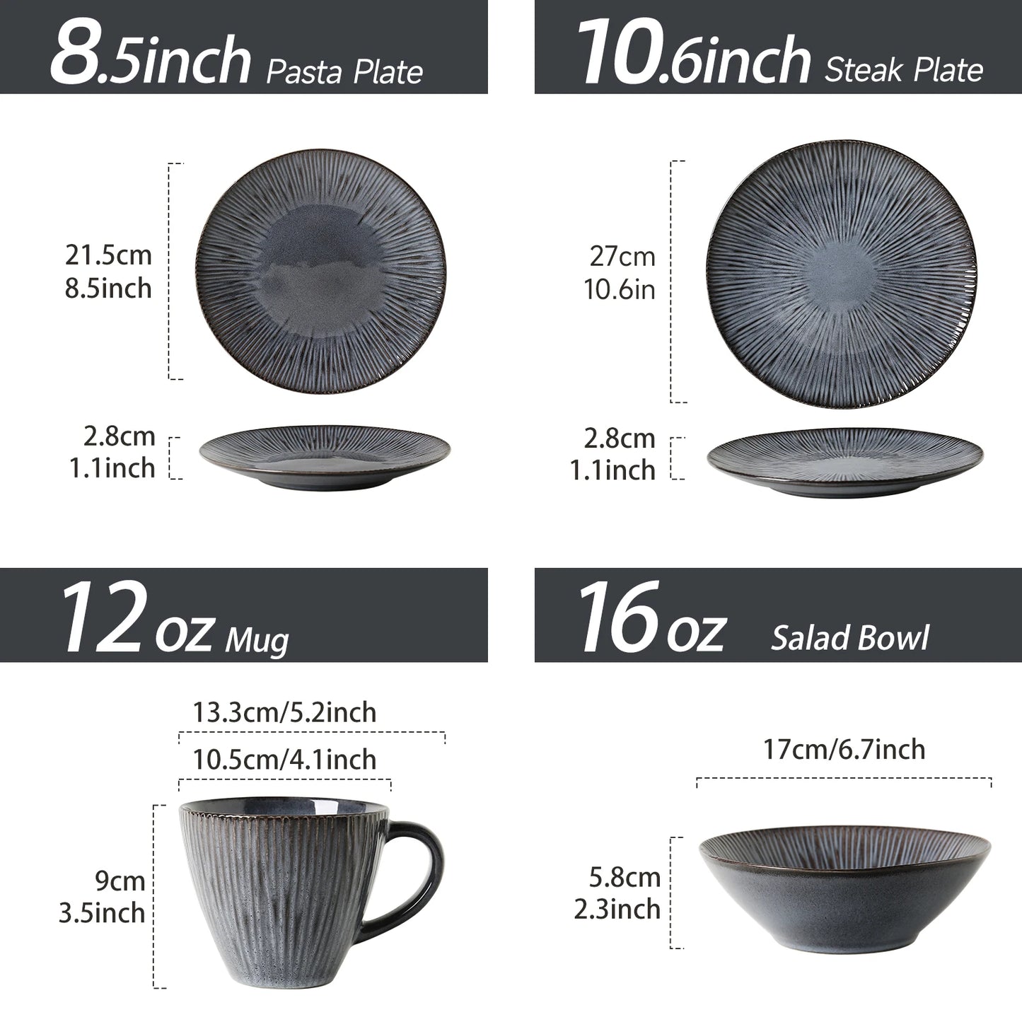 16-Piece Stoneware Black Dinnerware Set Ceramic Cups Bowls and Plates Porcelain Tableware USA Warehouse In-Stock