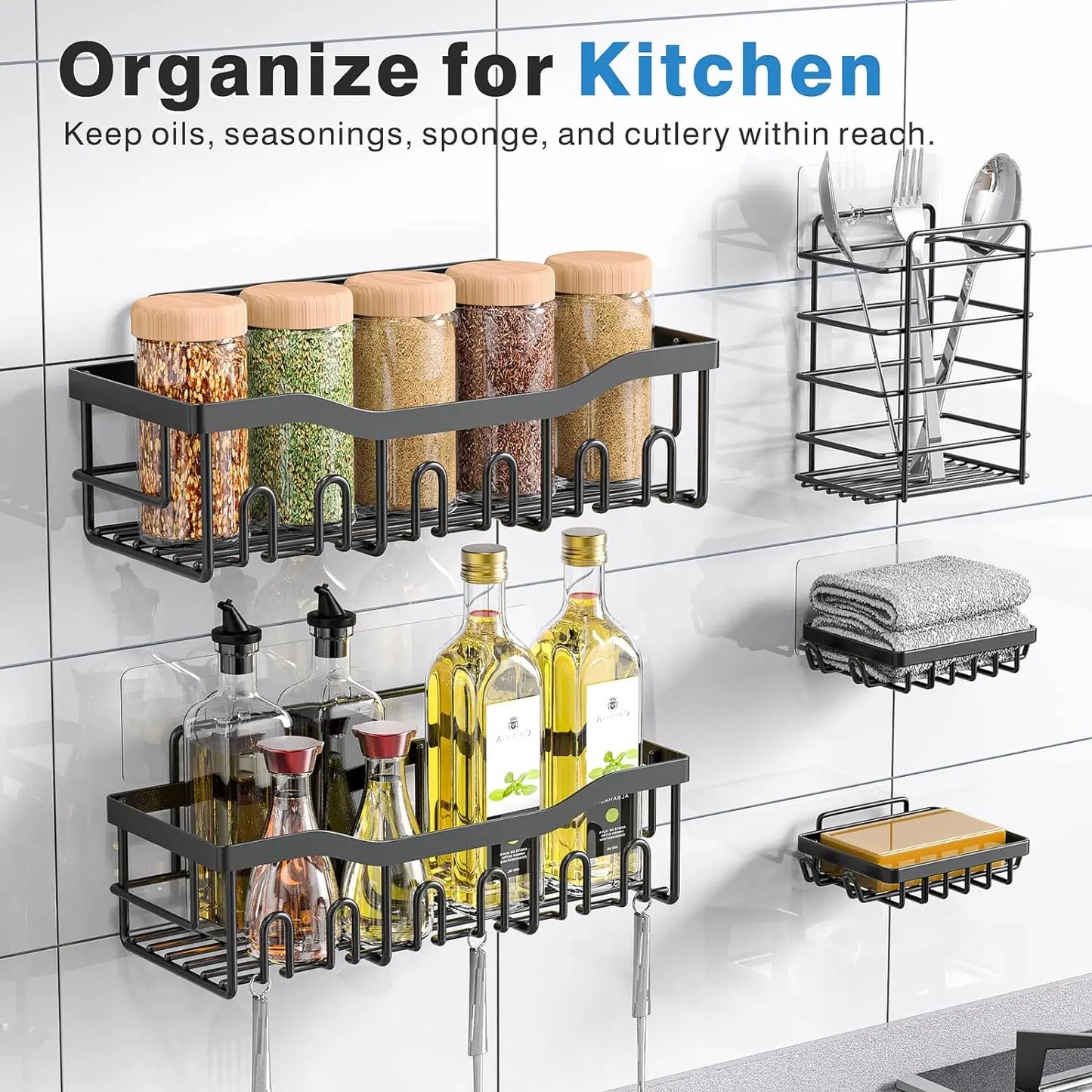 Metal Adhesive Shower Organizer Shelves for Bathroom&Kitchen,No Drilling Large Capacity Rustproof Bathroom Organizer