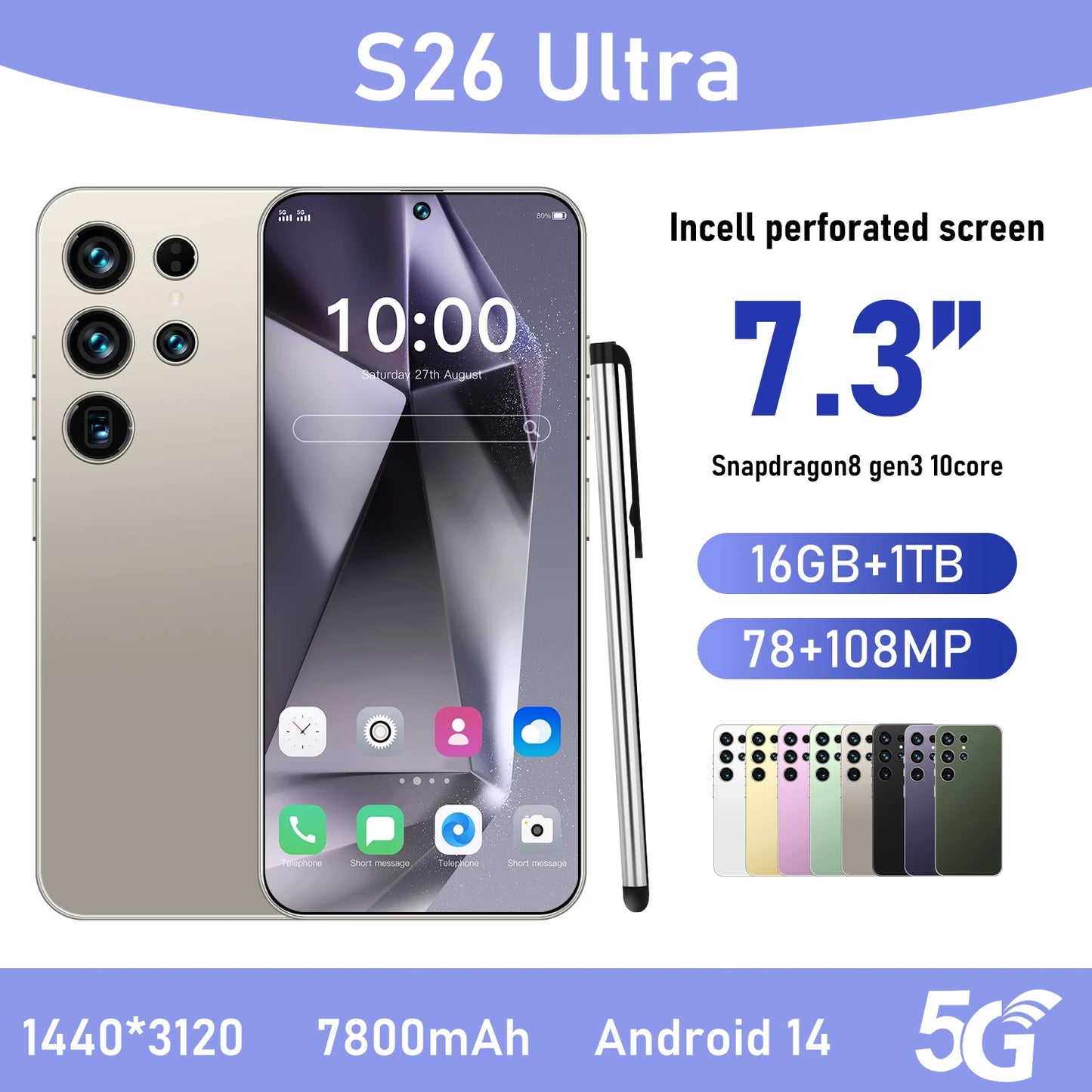 Hot S26 Ultra 5G Smartphone - Snapdragon8gen3 16GB+1TB 7800mAh Face + Fingerprint