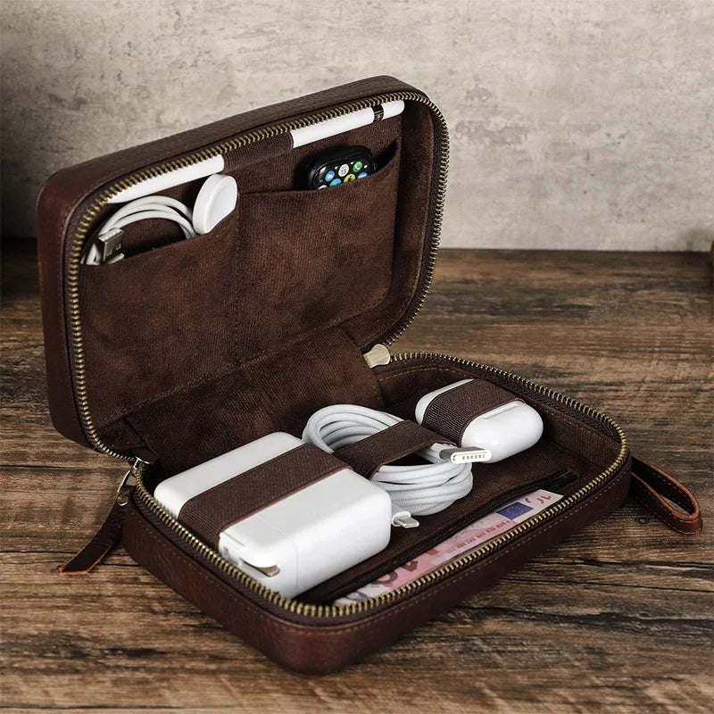 Genuine Leather Electronic Organizer Travel Case Accessory Set Cable Storage and Apple Pencil Charger Travel Organizer Bag