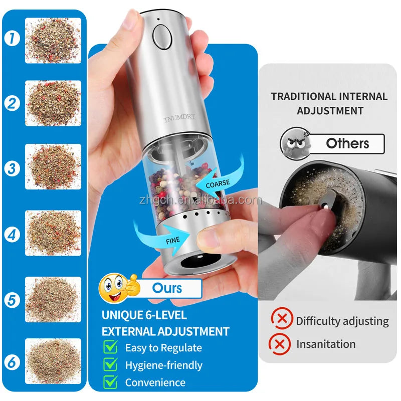 LED Light Charging Base Electric Salt and Pepper Mills Adjustable Coarseness with Variable Grinding Speed