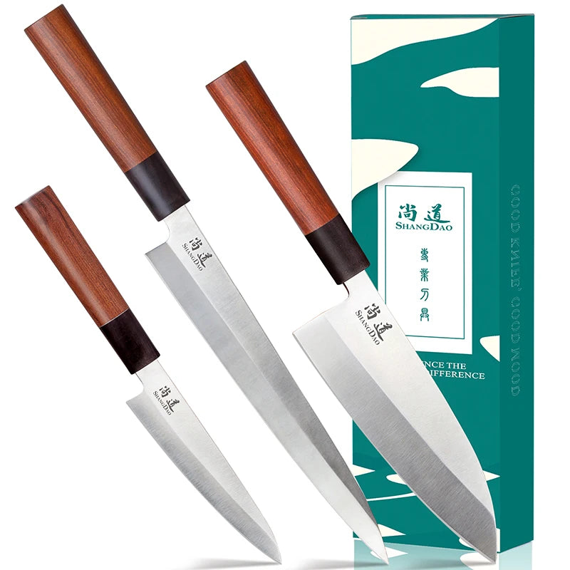 SHANGDAO 3PCS Japanese Kitchen Knife Set Chef Stainless Steel Filleting Set Sashimi Salmon Fish Yanagiba Sushi Meat Knife