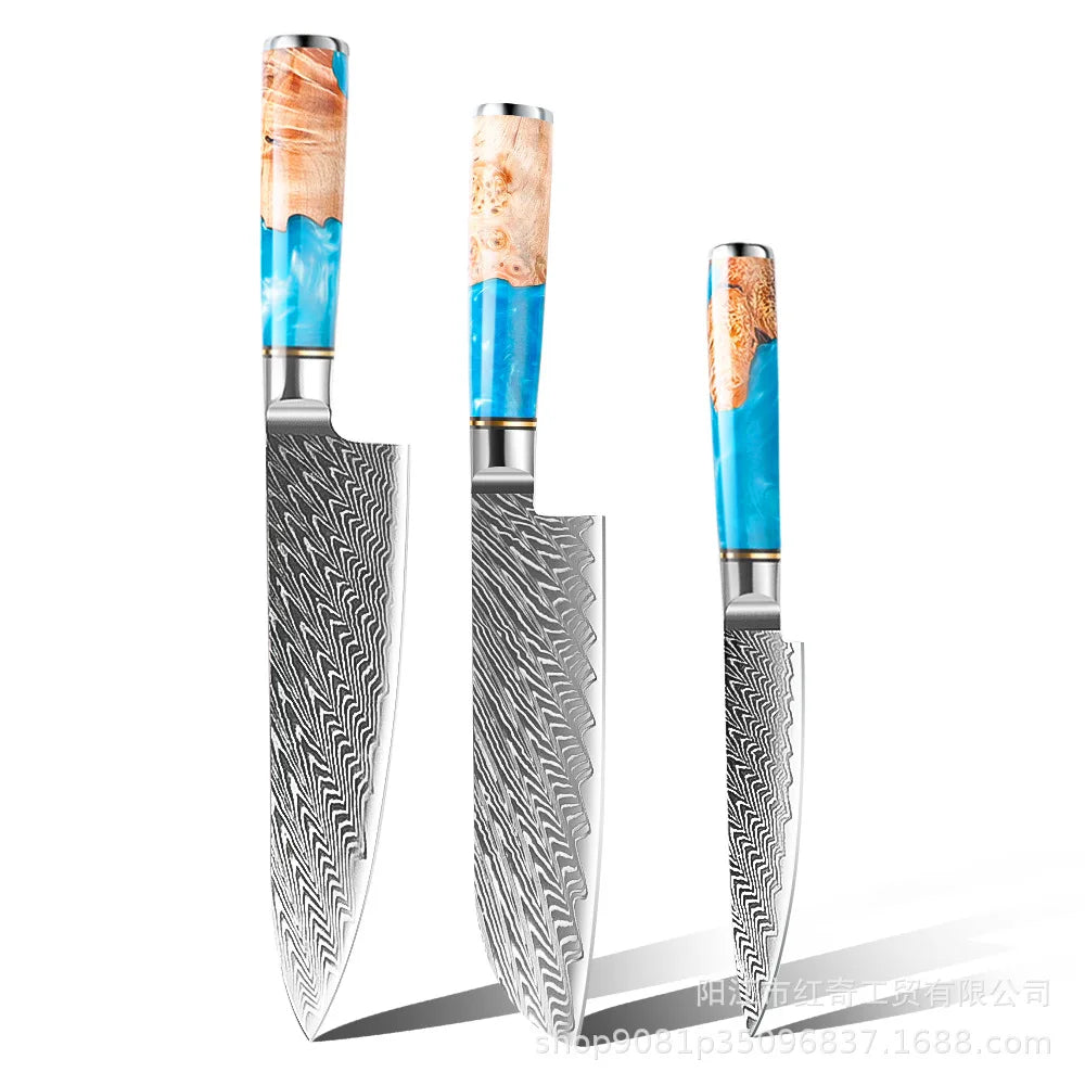 Blue Resin Wood Handle Damascus Kitchen Knife Set Vegetables Slicer Chef Nakiri Knives