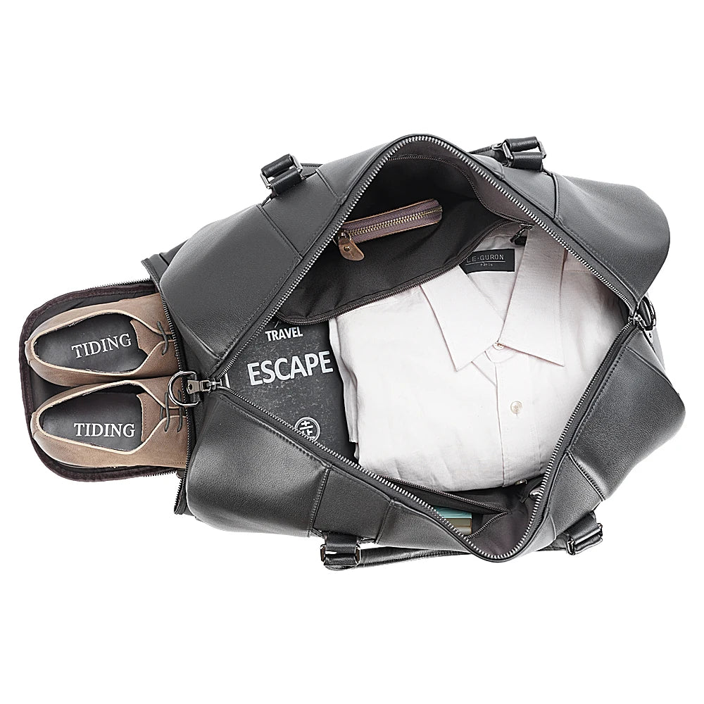 Japanese Style Black Mens Overnight Soft Leather Business Duffel Weekender Bag Genuine Leather Travel Bags