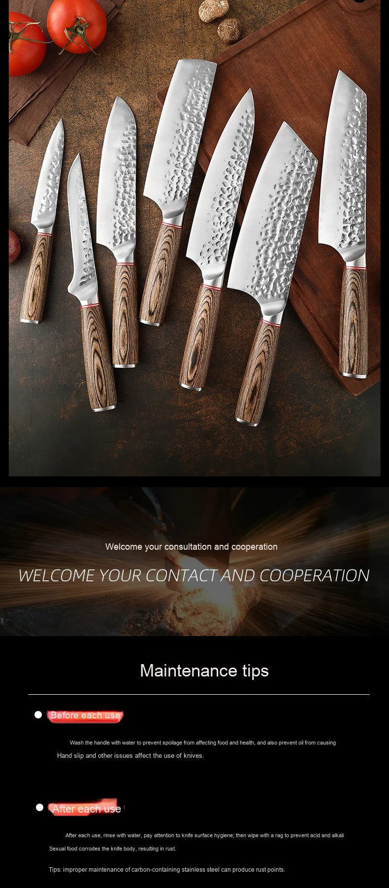 High-quality Kitchen Chef's Knife Set, Hand-forged Sande Fruit Knife and Colored Wooden Handle Meat Cutting
