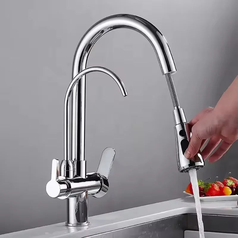 Modern Design Three-Way Mixer Kitchen Faucet with Pull Out Sprayer Water Purification Sink Faucet Featuring Brass Ceramic Filter