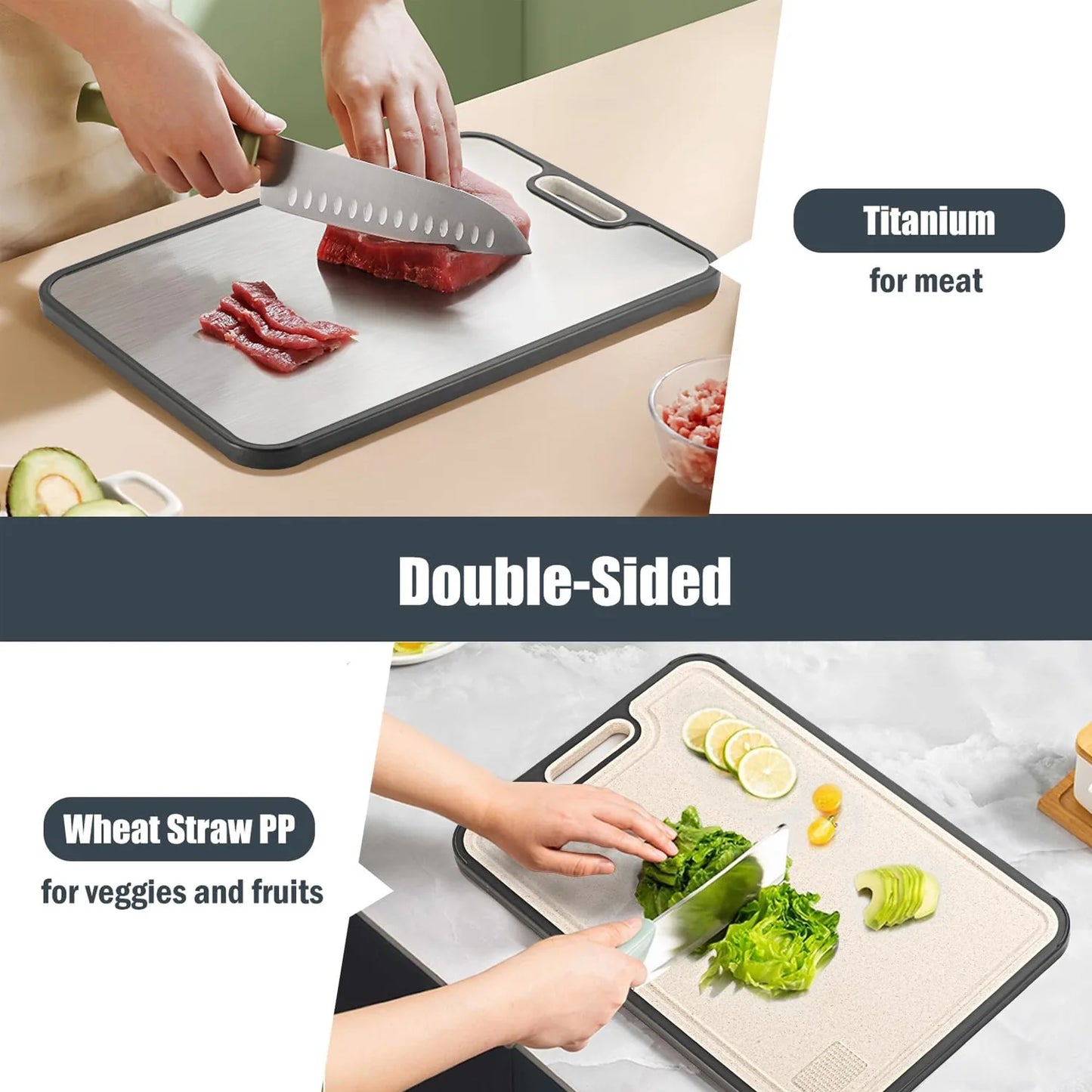 Top Quality Dishwasher Safe Thickened  Double Sided 304 Stainless Steel  Cutting Board for Meat Fruit Vegetable Bread