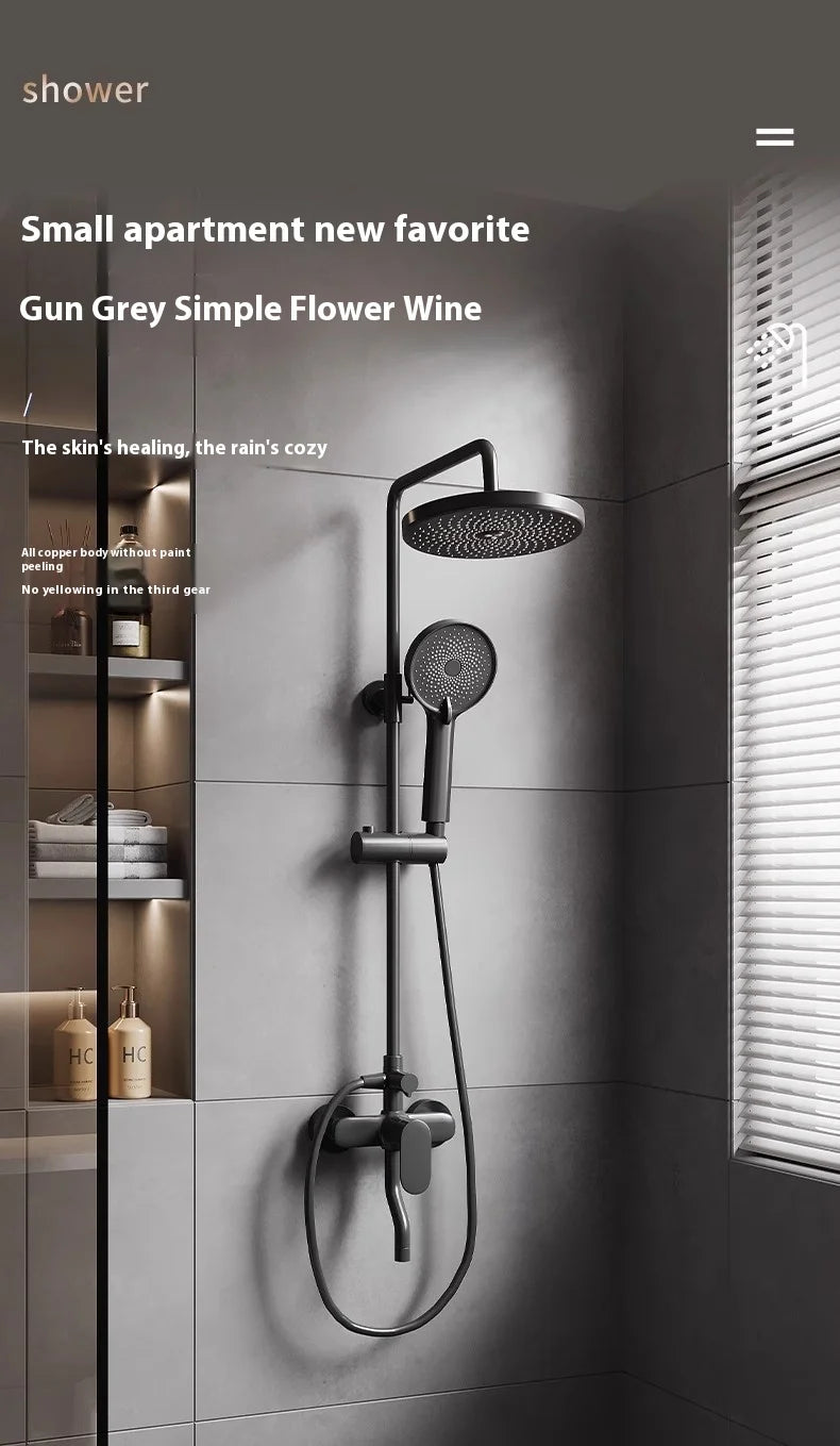 Gun Grey All-Copper Household Bathroom Shower Set Simple Design Ceramic Metered Faucets Chrome Shower Booster