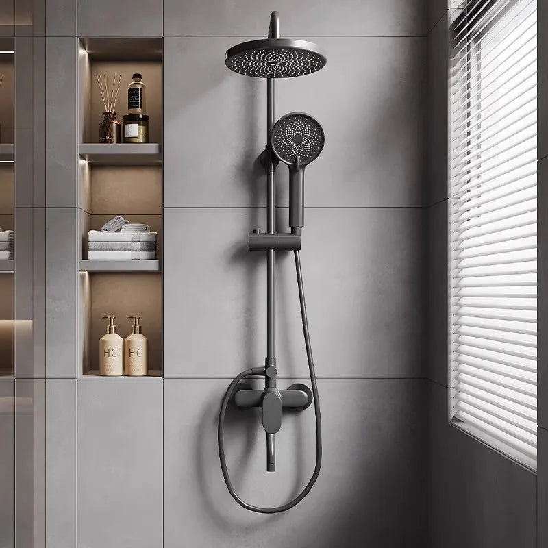 Gun Grey All-Copper Household Bathroom Shower Set Simple Design Ceramic Metered Faucets Chrome Shower Booster