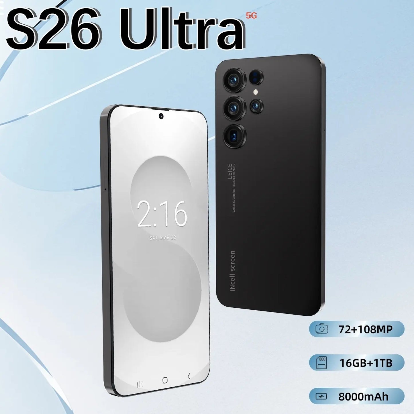 Original Unlocked S26 Ultra Smartphone 7.3 Inch Full HD Screen 16GB+1TB Memory Android 15 108MP Rear Camera Face ID LTE CDMA