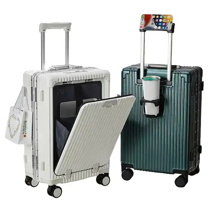 2024 New Design Front Open Carry on  Luggage Lightweight Hard Side Suitcase Travel Luggage With USB Charger and Cup Holder