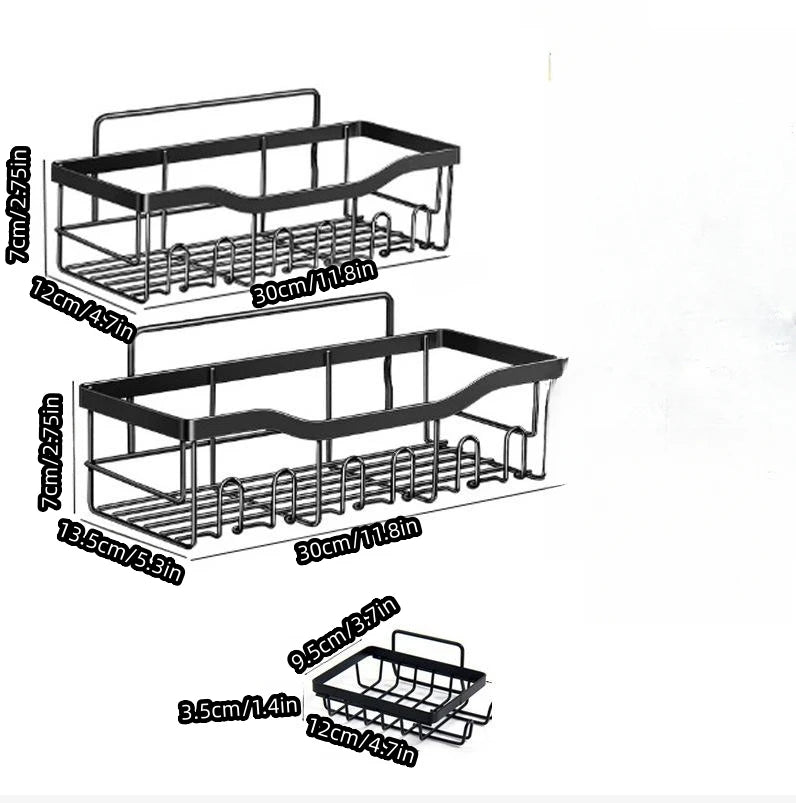 5-piece Set Wall Mounted Bathroom Shelf Black Iron Bathroom  Kitchen Shower Shelves Metal Self-adhesive Storage Rack