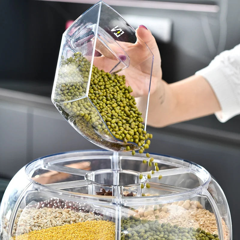HOT Rice Dispenser Kitchen Moisture-Proof 6-Grid Rotating Food Grain Cereal Storage Box Container