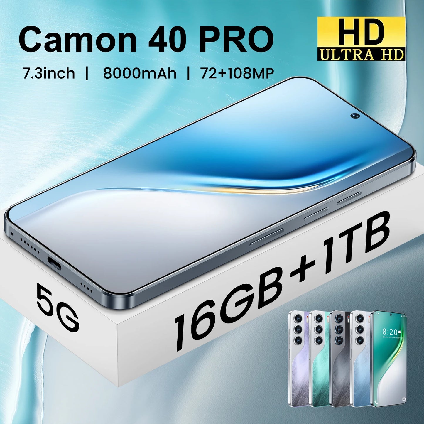 2025 New Camon 40 Pro Cellphone 16GB+1TB Smartphone Unlocked Dual Card 5G Phones 7.3inch HD Hd Screen Mobile Phones