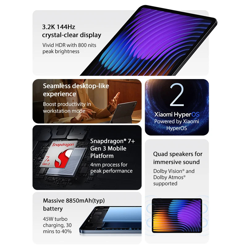 Globel Version Xiaomi Pad 7 Snapdragon 7+ Gen 3 144Hz 11.2'' Screen Quad Speakers Tablet 8850mAh Battery 45W turbo charging
