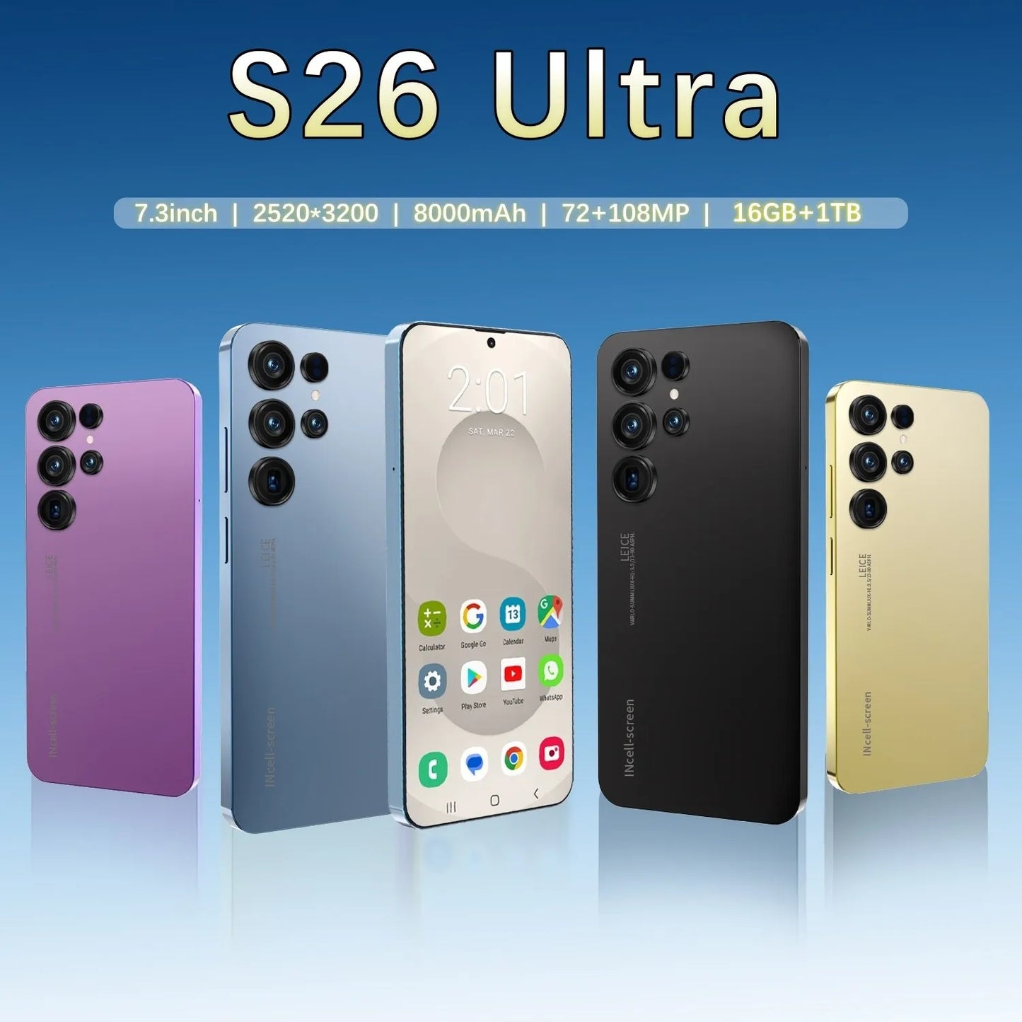 Original Unlocked S26 Ultra Smartphone 7.3 Inch Full HD Screen 16GB+1TB Memory Android 15 108MP Rear Camera Face ID LTE CDMA