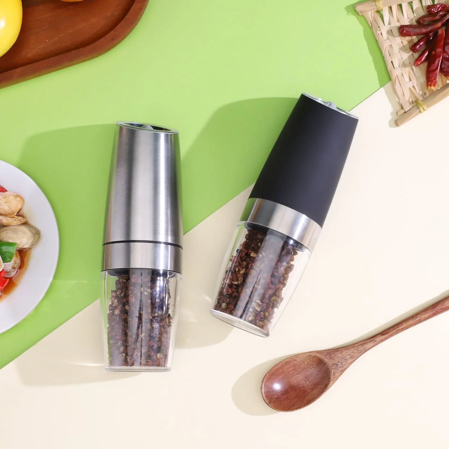 Electric Gravity Salt and Pepper Grinder Set Spice Jar Rechargeable Black Pepper Mill Grinder with Blue Light and Stand