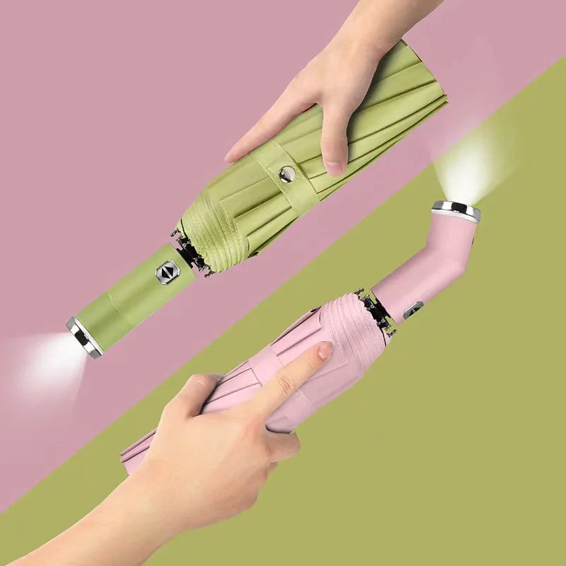 Hot Sale Multi-Color Foldable Automatic Umbrella with Built-in LED Light Handle for Outdoor Activities