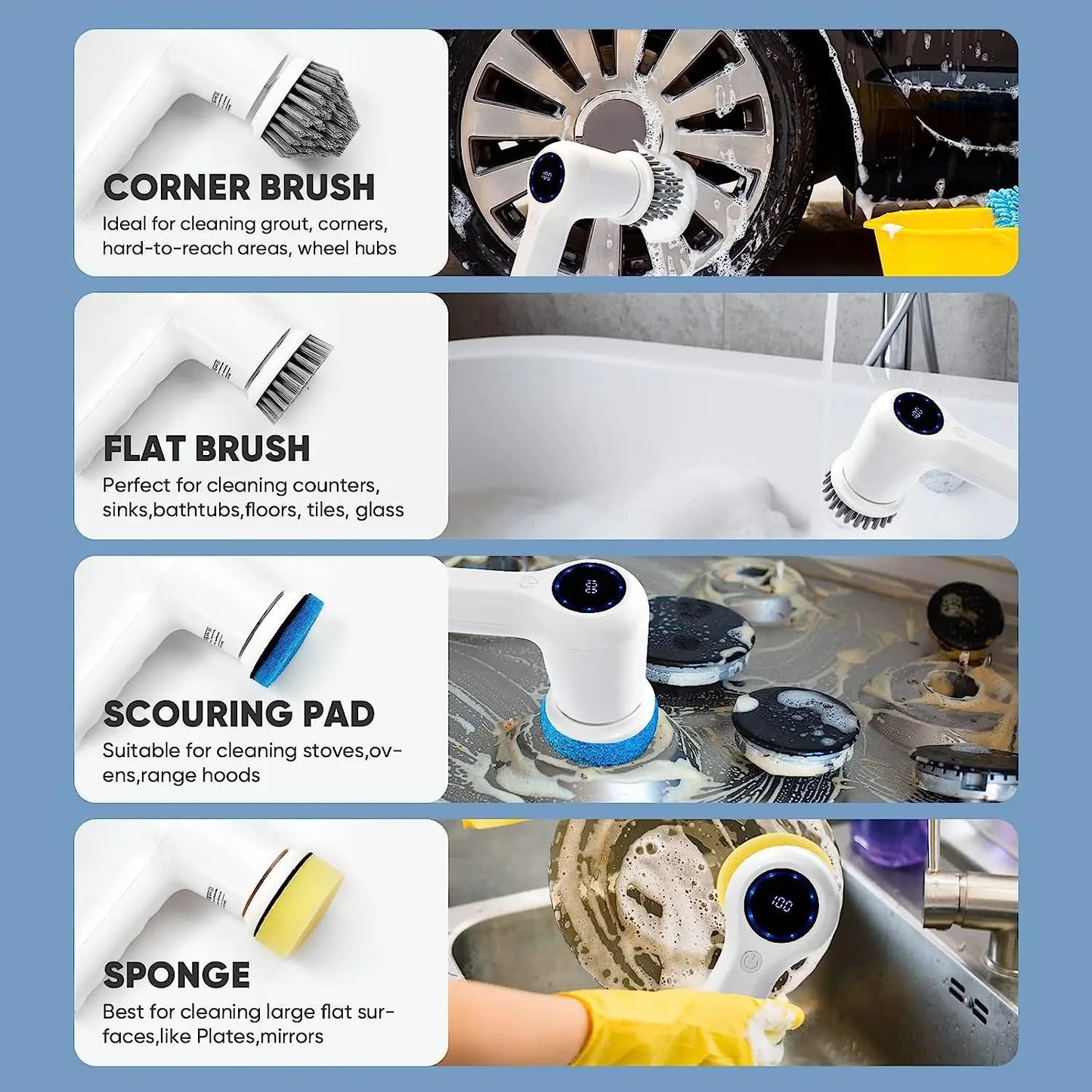 2-Speed Cordless Electric Shower/Sink/Window Cleaning Brushes for Spin Scrubber with Battery Level Display for Bathrooms