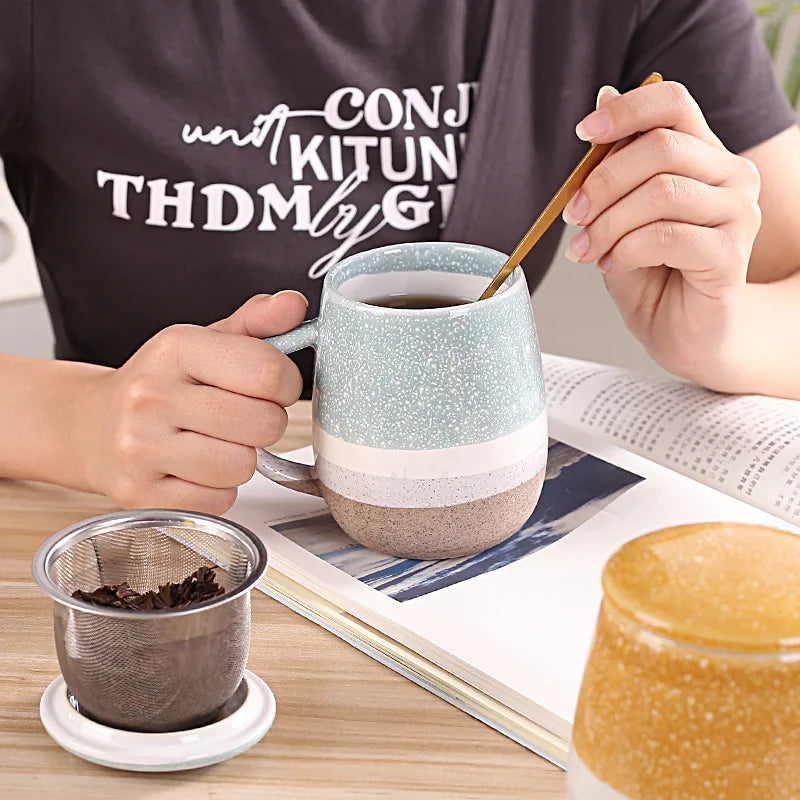 Modern Design Large Capacity Ceramic Mug with High Color Value Tea Water Separation Ins Household Cup Lid Wholesale Drinkware