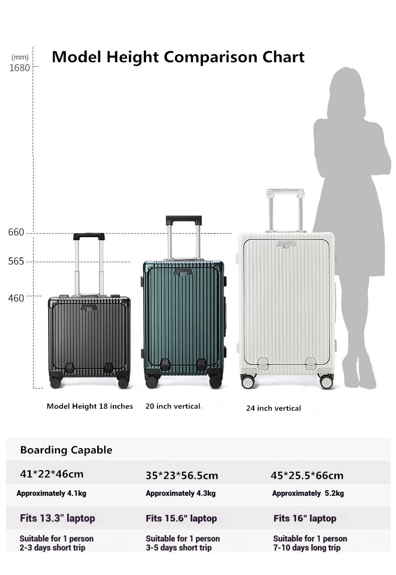 2024 New Design Front Open Carry on  Luggage Lightweight Hard Side Suitcase Travel Luggage With USB Charger and Cup Holder